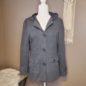 Grey Hooded Pea Coat Sz L